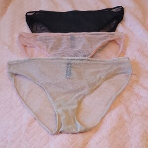 Set of Three Sheer Lace Panties in Black, Pink, and Cream